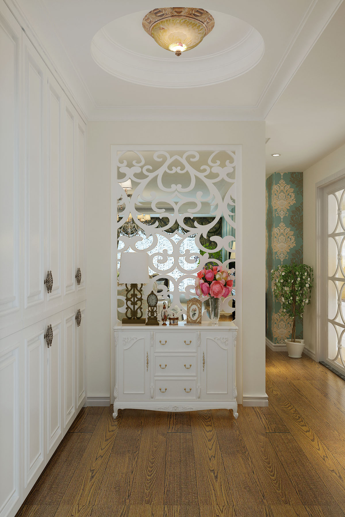 客厅作为待客区域，利用简单的线条和镜面突出简洁与利索，没有复杂的造型线来衬托都市的简练。			
