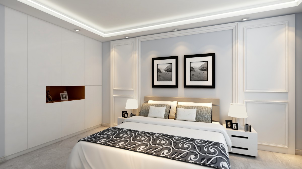 主卧清新舒适的氛围肯定离不开舒适柔软的床，一张柔软的床加上简单的石膏线背景墙，使空间丰富了起来，使得卧室空间明亮且温馨。			
