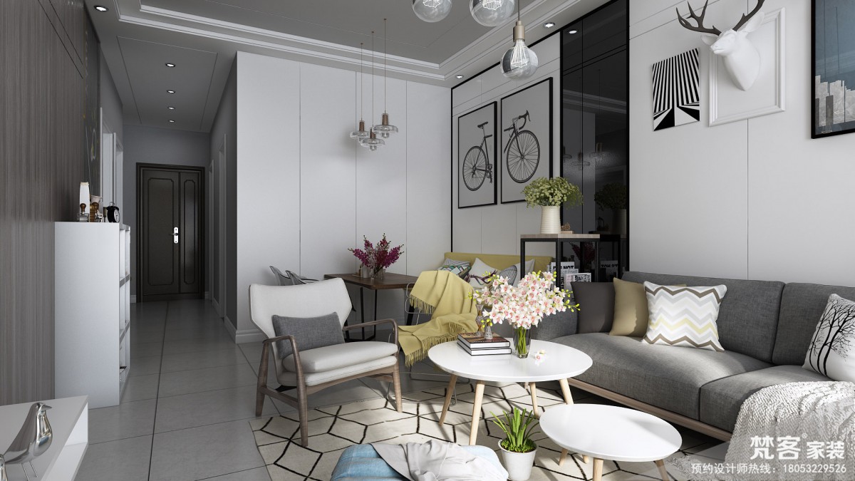 客厅采用白色墙面饰面板，黑色镜面的搭配，整体硬装质感十足，而家具和窗帘柔软的布艺相结合，简单的顶面造型，不平庸显得档次提升。			
