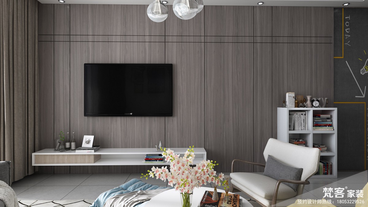 电视墙整体以木饰面为主，中间增加黑色边框的分割，整体有条不紊。			
