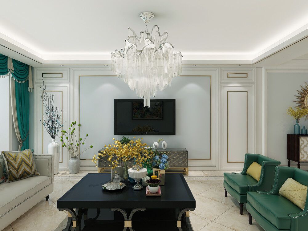 客厅整齐以淡蓝色为主，搭配金属的镜框线，布衣家具已经金属色烤漆电视柜形成的撞色搭配。			
