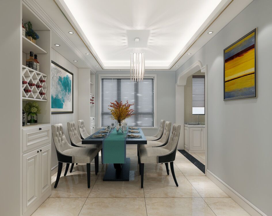 餐厅两面增加酒柜，增加储物空间，六人坐的餐桌，朋友会客，家人聚餐，尽显舒适。			
