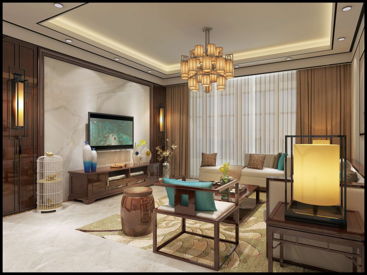 中式风格的古色古香与现代风格的简单素雅自然衔接，使生活的实用性和对传统文化的追求同时得到了满足。影视墙的造型简洁现代，却在醒目位置饰以中式书法，这种绝妙的组合给人以强烈的视觉意志力，成为时尚与古典的柔媚结合。			
