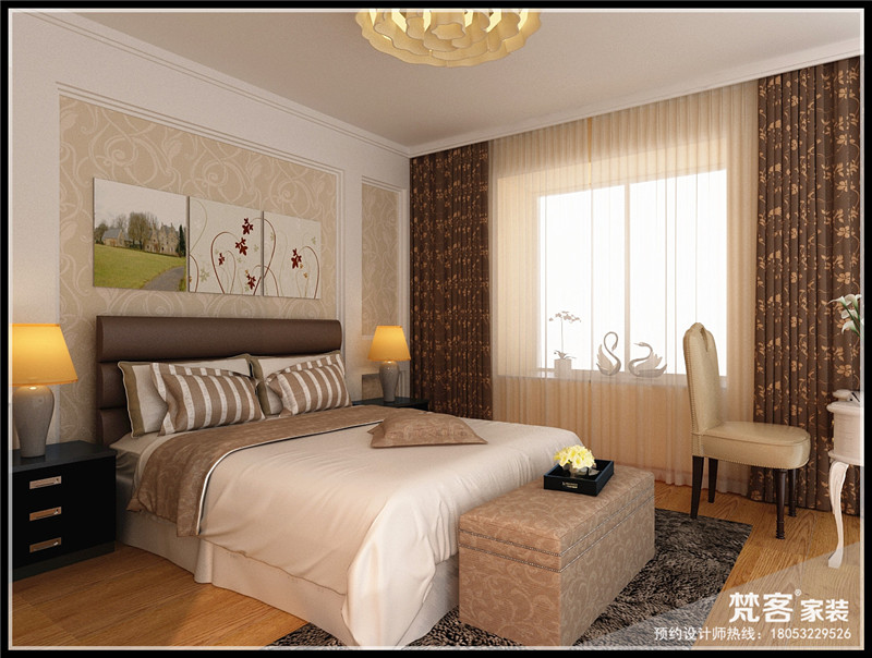 卧室布置较为温馨，作为主人的私密空间，主要以功能性和实用舒适为考虑的重点，空间用的淡黄色色的壁纸，温馨柔软的床，简单柔软的木地板达到了温馨舒适的效果，			
