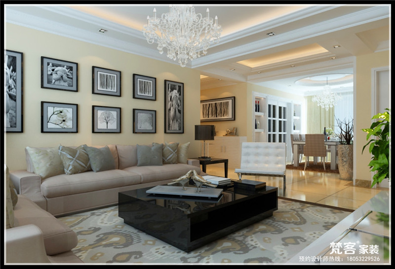 客厅作为待客区域，简单大气、中间大理石提升空间档次、镜面装饰增加空间延展性、墙面以暖色调来处理，让整个空间更加舒适。			
