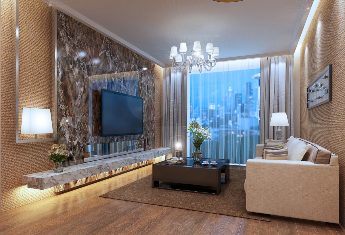 电视墙采用网咖大理石作为背景墙，两侧带有金属质感的灯架作为装饰物，更显大气			
