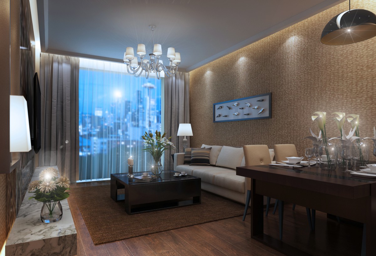 整个墙面使用亚麻纹路的壁布，加以装饰画作为点缀			
