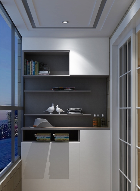 常见阳台柜都以洗衣柜或储物柜为主，美观效果一般。而这个阳台柜则利用白色亚克力板和隔断搭配，达到美观和储物效果，样式不再单一。			
