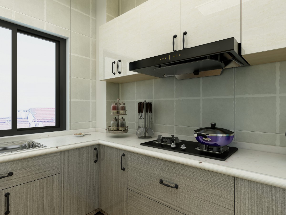 厨房上下橱柜颜色分开，上浅下深，台面为浅色石英石，使得橱柜有层次感。			
