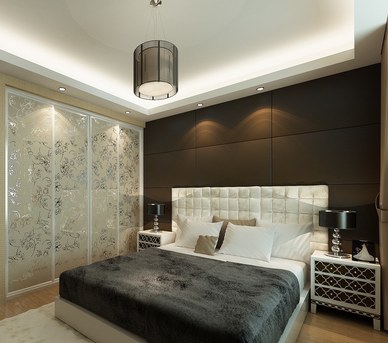 卧室背景墙以深色软包为主，搭配奶黄色乳胶漆。			
