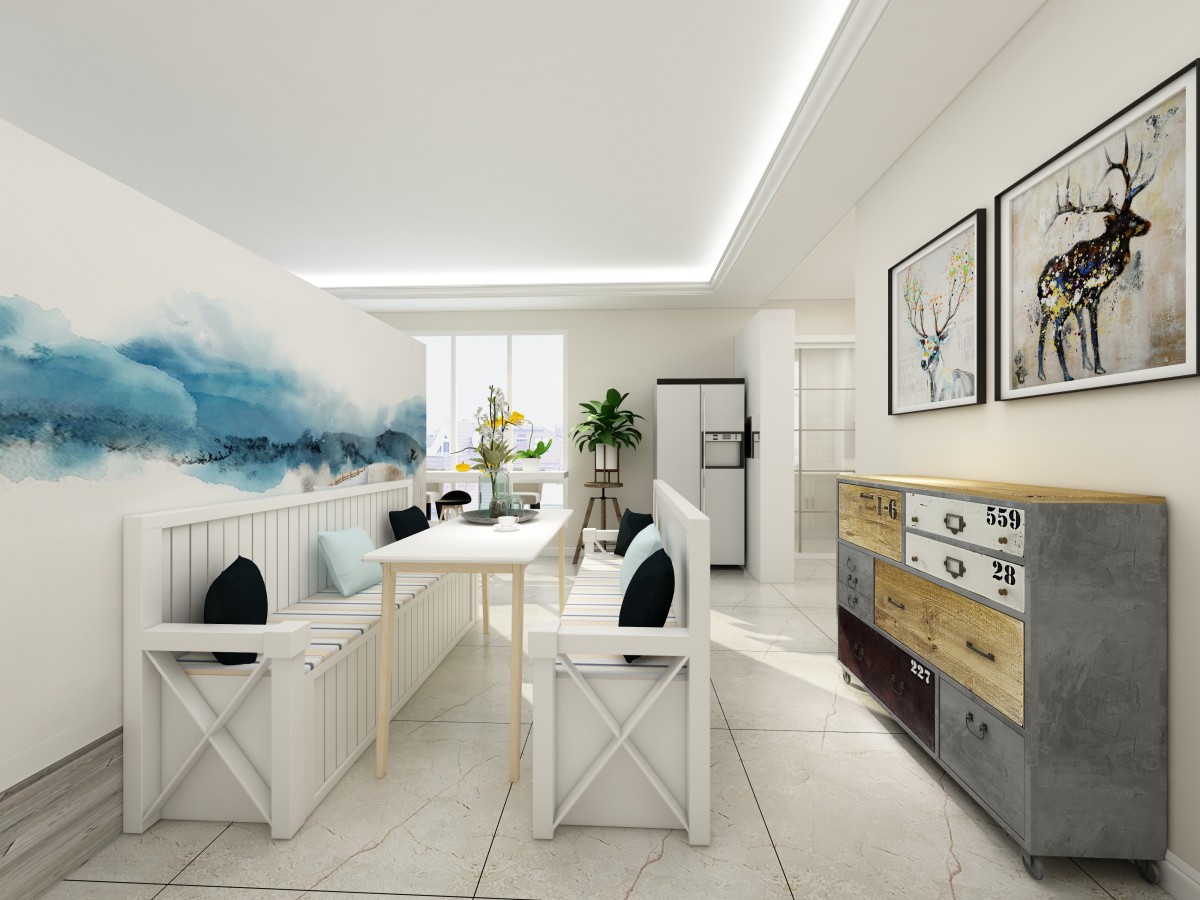 餐厅做了半高矮墙结合蓝色水墨画的质感作为背景墙，既美观又实用。			
