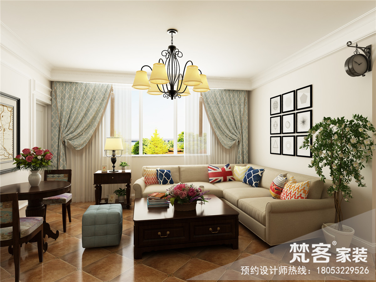 客厅作为待客区域，利用简单的线线条框出美式感觉，仿古砖斜拼让空间色彩更加融合。			
