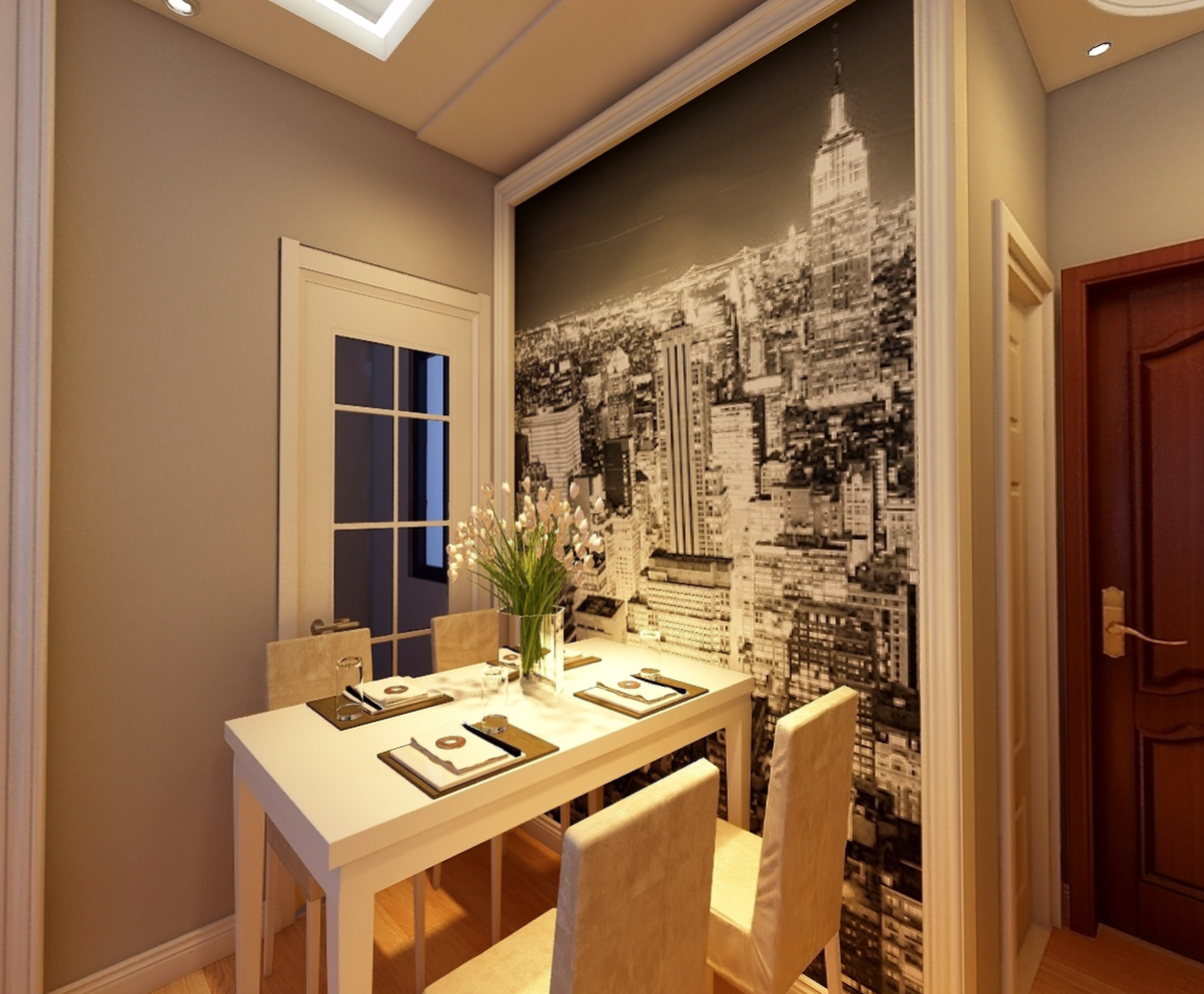 两个立墙的拐角，提供了一个不大但精致的餐厅空间，把餐厅部分的空间充分利用了起来，一张朴素的餐桌加上城市夜景的餐厅背景墙挂画的点缀使整个餐厅空间变得生动起来。			
