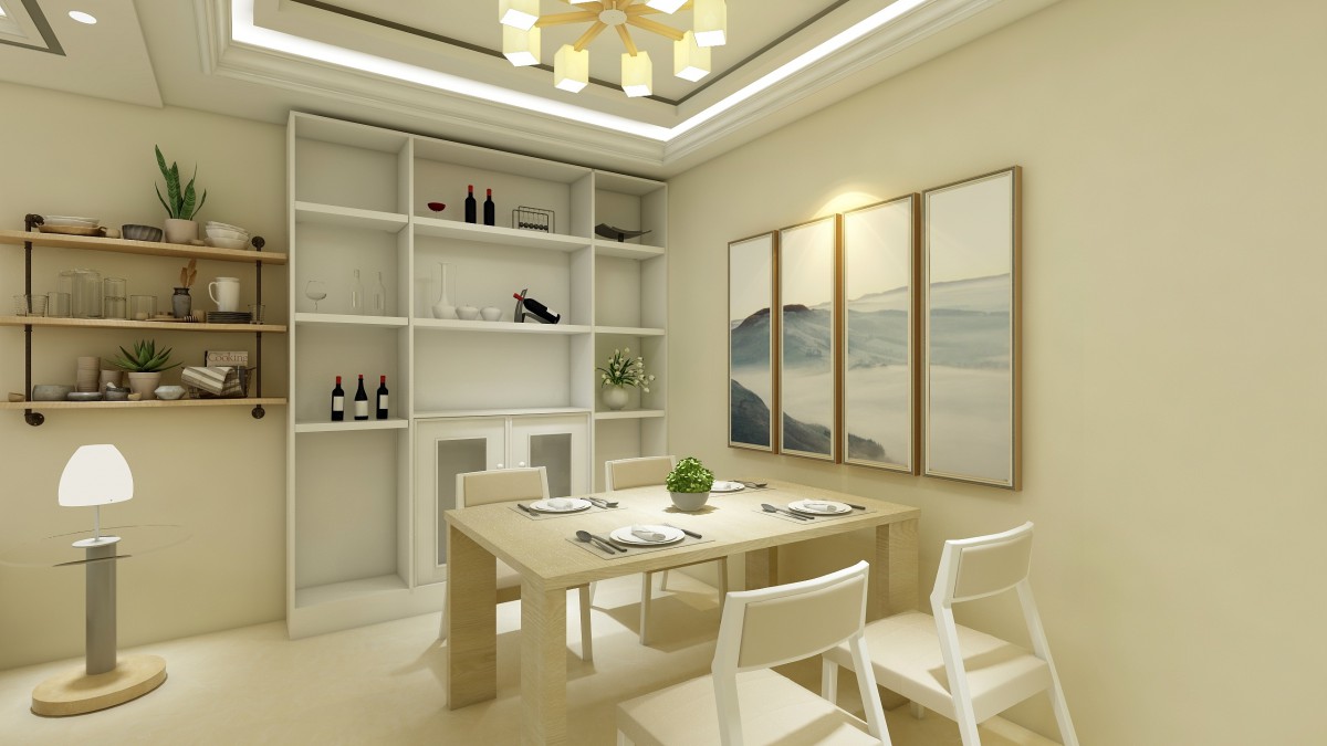 一个开放式的酒柜，把餐厅部分的空间充分利用了起来，一张朴素的餐桌加以挂画的点缀使整个餐厅空间变得生动起来。			
