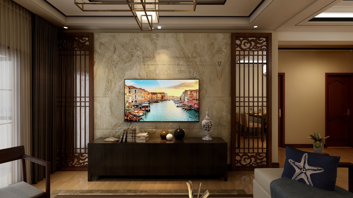 精致且通透的客厅，中式特有的木色的色调，横平竖直的中式沙发， 灵感来源于山水画的背景墙，让客厅充满文雅的色彩。			
