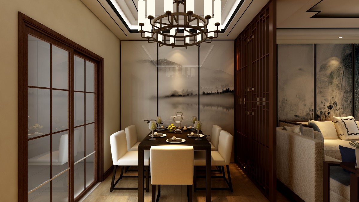 被隔断区分开来后的餐厅空间比较紧凑，但一张五人座的餐桌，使得餐厅变得不再那么紧凑，中式特有的木色的色调， 灵感来源于山水画的背景墙，让餐厅充满古典的典雅与风采。			
