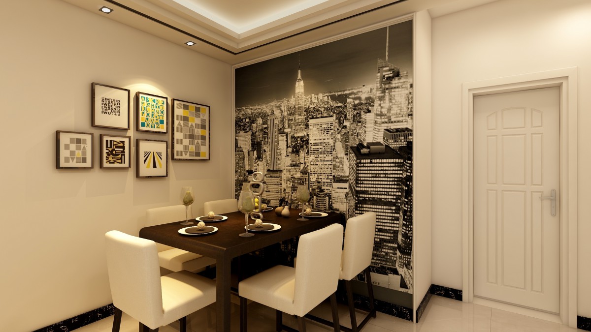 城市夜景的背景墙，加上旁边的装束挂画，把餐厅部分的色彩充分调动了起来，			
