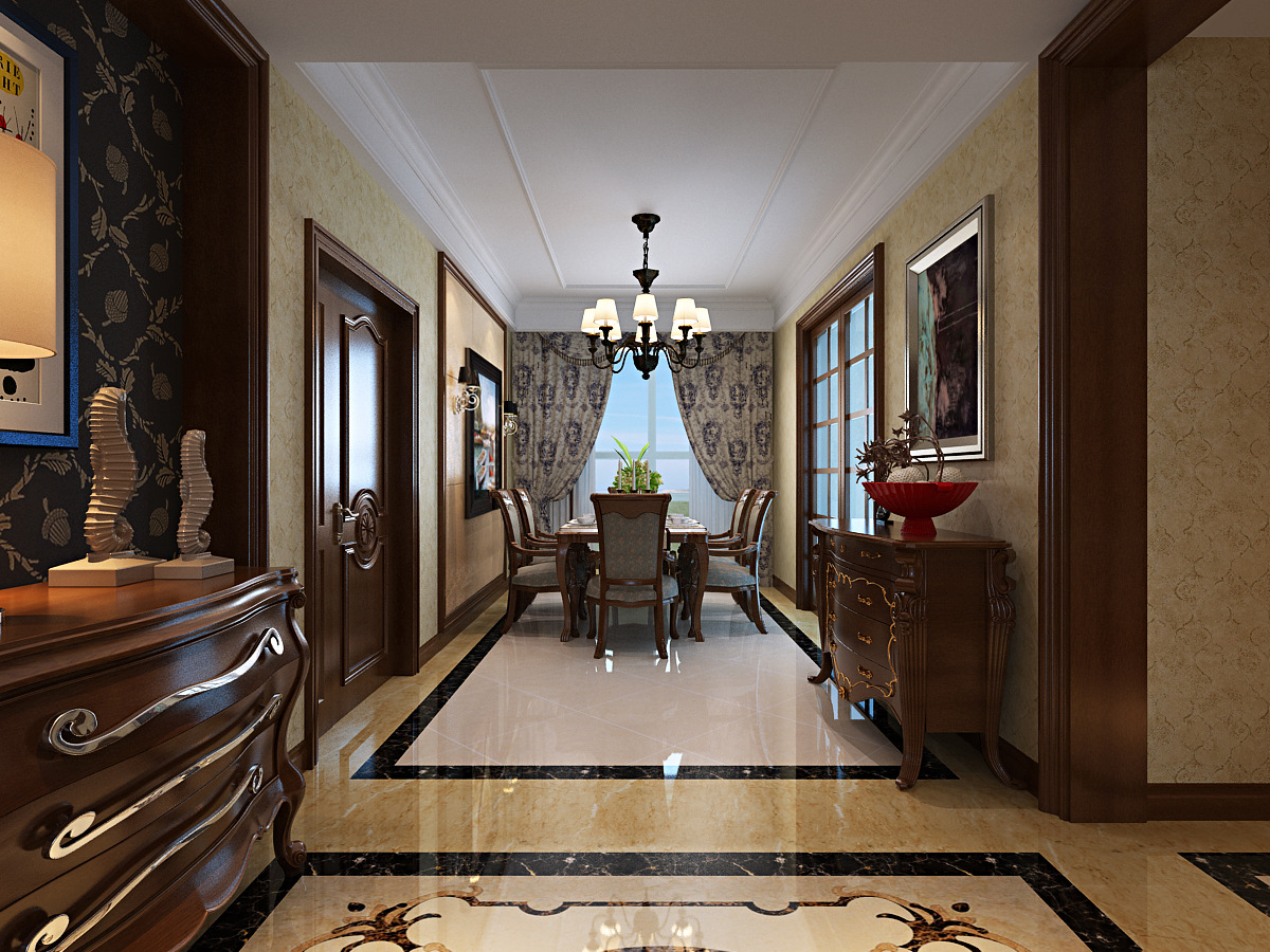 欧式的餐桌总是那么有感觉，让人感觉自己就是个贵族，背景墙同样运用了大理石上墙，将空间的光亮发挥到了极致			
