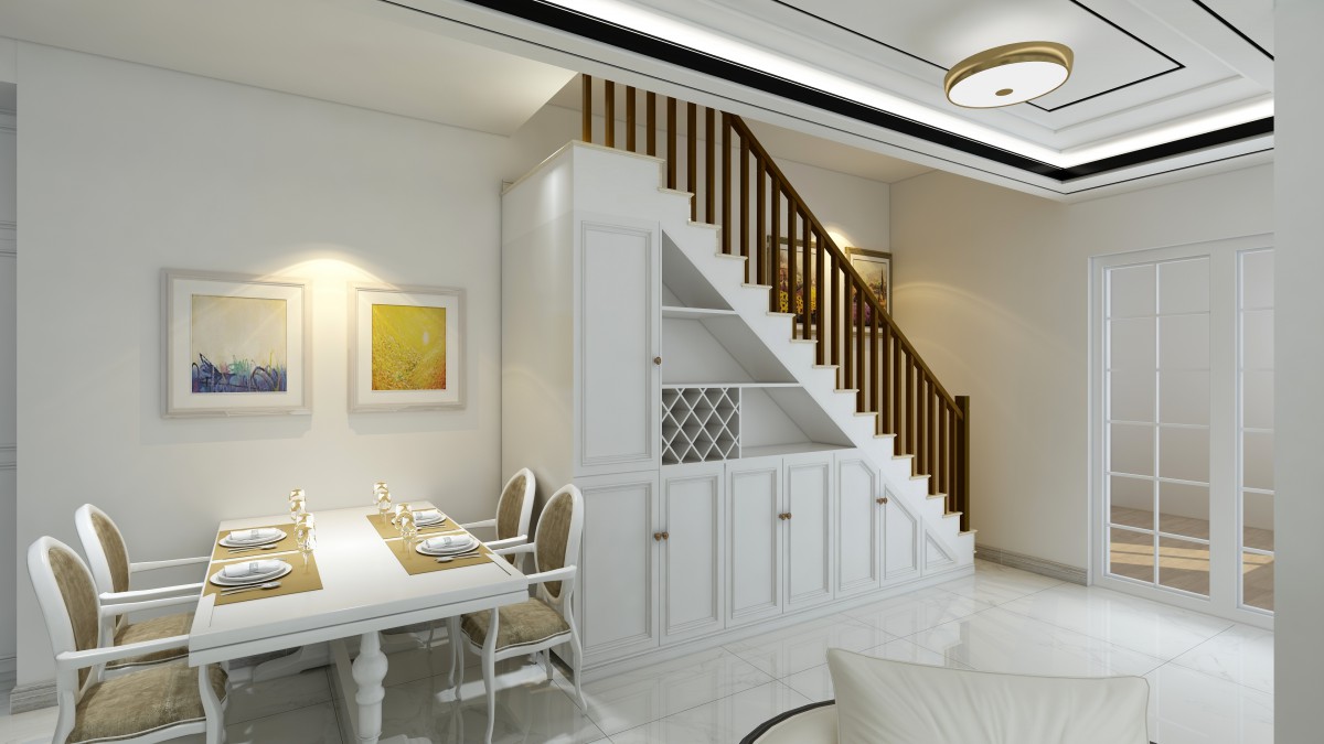 一个单卡座的四人餐桌，将楼梯部分的空间完全利用了起来，也避免了空间不够坐不进去人的尴尬。			
