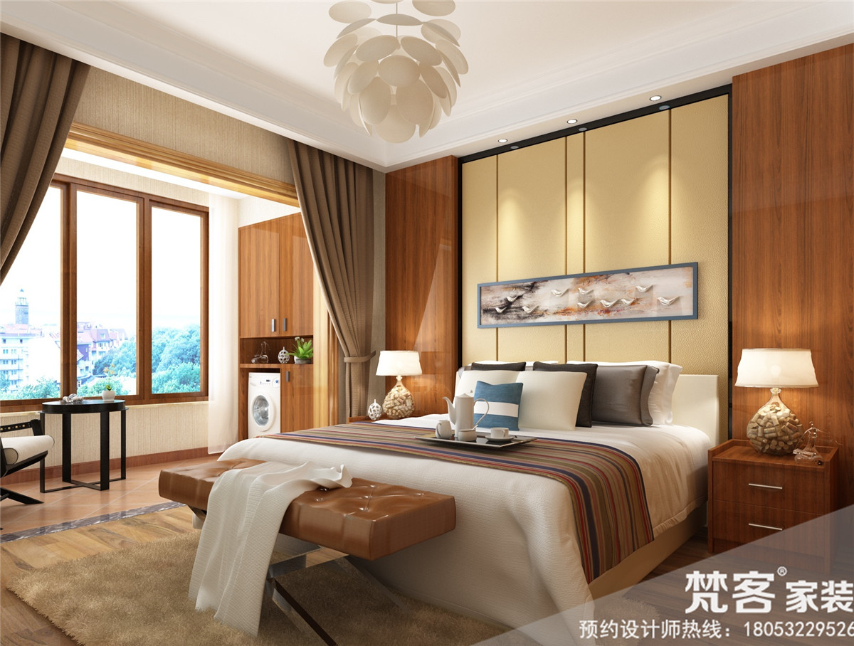 一张精致的床，配上床头的背景墙，让人很舒服，一个阳台带着通透的大床，让卧室的采光没有了遗憾			
