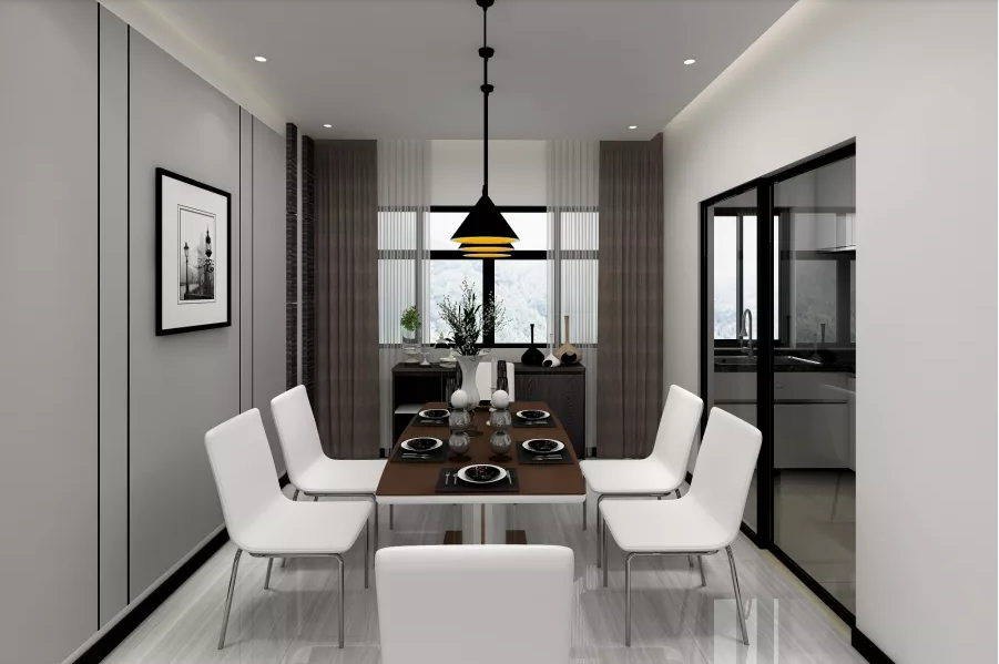 一个通透的窗户将整个餐厅的光亮完全打开来，简约的餐桌和色调融合在了一起，没有突兀的感觉，加上地面的灰色系的大理石，不仅反光还增添了色彩丰富。			
