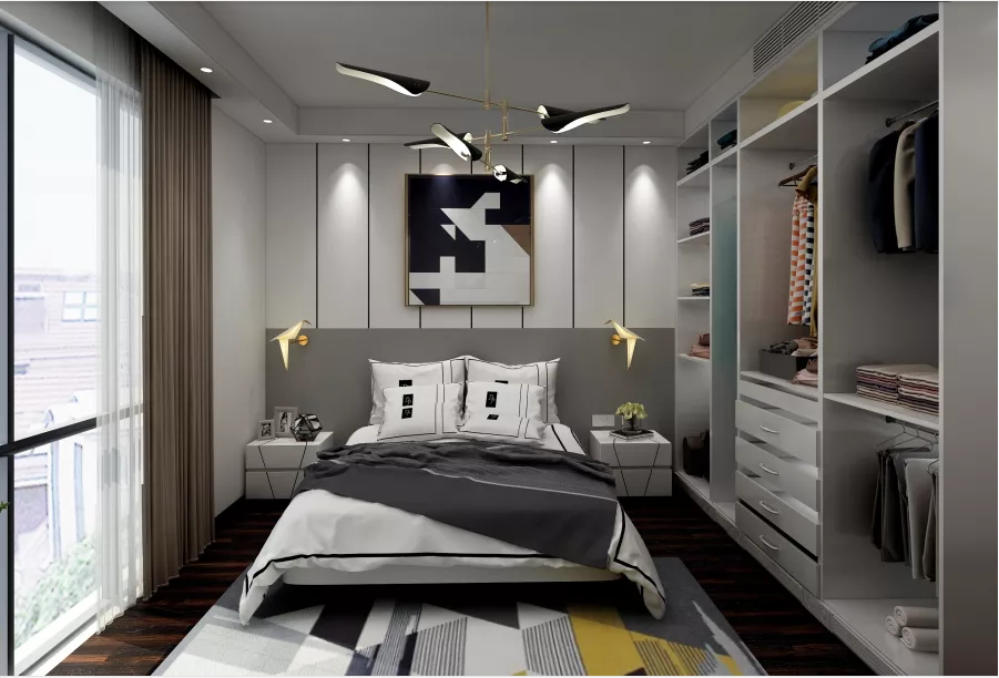 主卧清新舒适的氛围肯定离不开舒适柔软的床，简单的包厢吊顶将衣柜顶部封了起来，再加上宽阔通透的落地，使得卧室空间明亮且温馨。			
