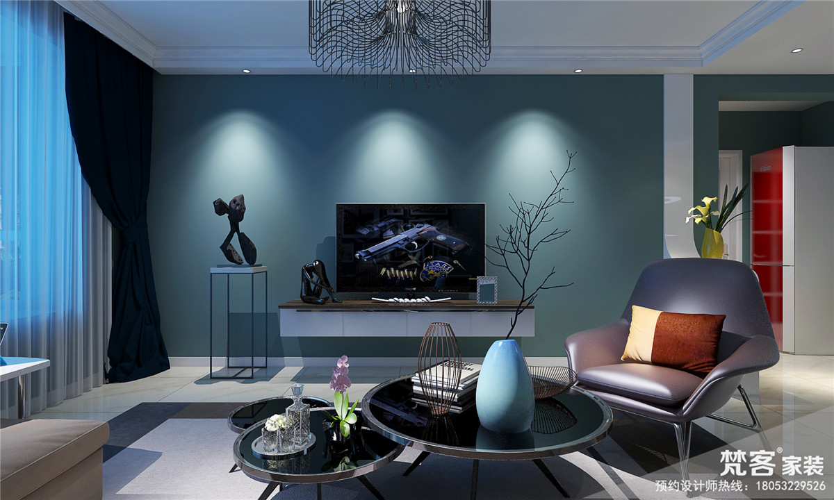 客餐厅一体，通透大气，客厅墙面对比，电视背景墙选择了石膏板勾缝，外贴纹质感的墙纸，显得时尚大气。沙发背景墙选择了几何感大色块的挂画，显得简约活泼。			
