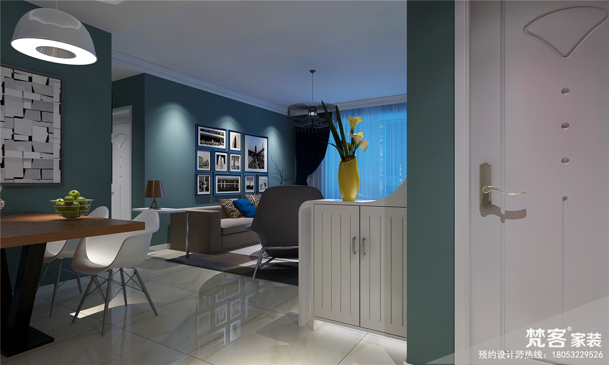 通透的客餐厅，主体以暖色为主。暖色的纹理地砖搭配波打线，与吊顶造型呼应，划分空间的同时，营造简约的现代感。墙面的挂画、沙发布艺与地毯的图案互相呼应，使得空间更具张力。			
