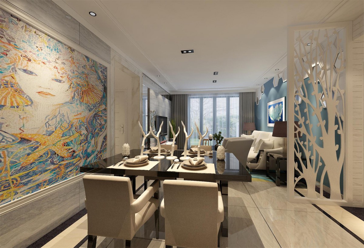 立面极简的白色线条和大理石呼应、中间个性的壁布强化整个空间。			
