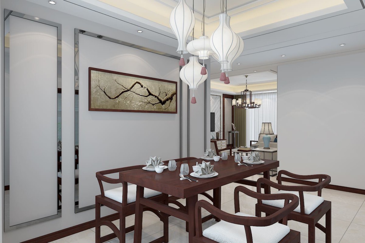 "餐厅墙面用墙面运用不锈钢条使整体有立体感，木线条与壁纸完美的结合展现墙面区域分割。
"			
