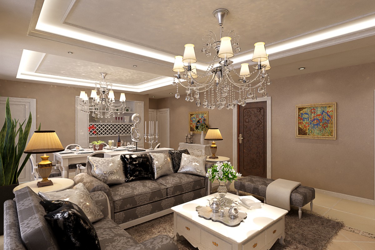 客厅作为待客区域，顶面采用金箔显出高大上的欧式风格，通过不同材质突显空间的层次感，从挂着艺术品的玄关开始到局部墙面的风格壁纸略显奢华。			
