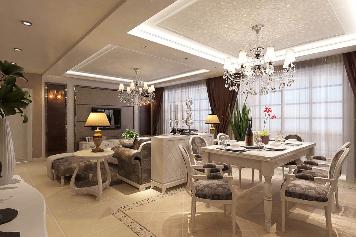 客厅和餐厅之间用五斗柜做分隔、其实是融为一体的。地面拼花突出就餐位置。			
