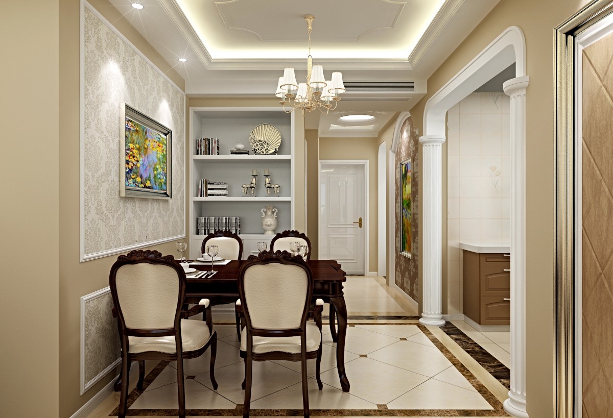 "餐厅墙面用一副油画突出整体韵味，木线条与壁纸完美的结合展现墙面区域分割。
"			
