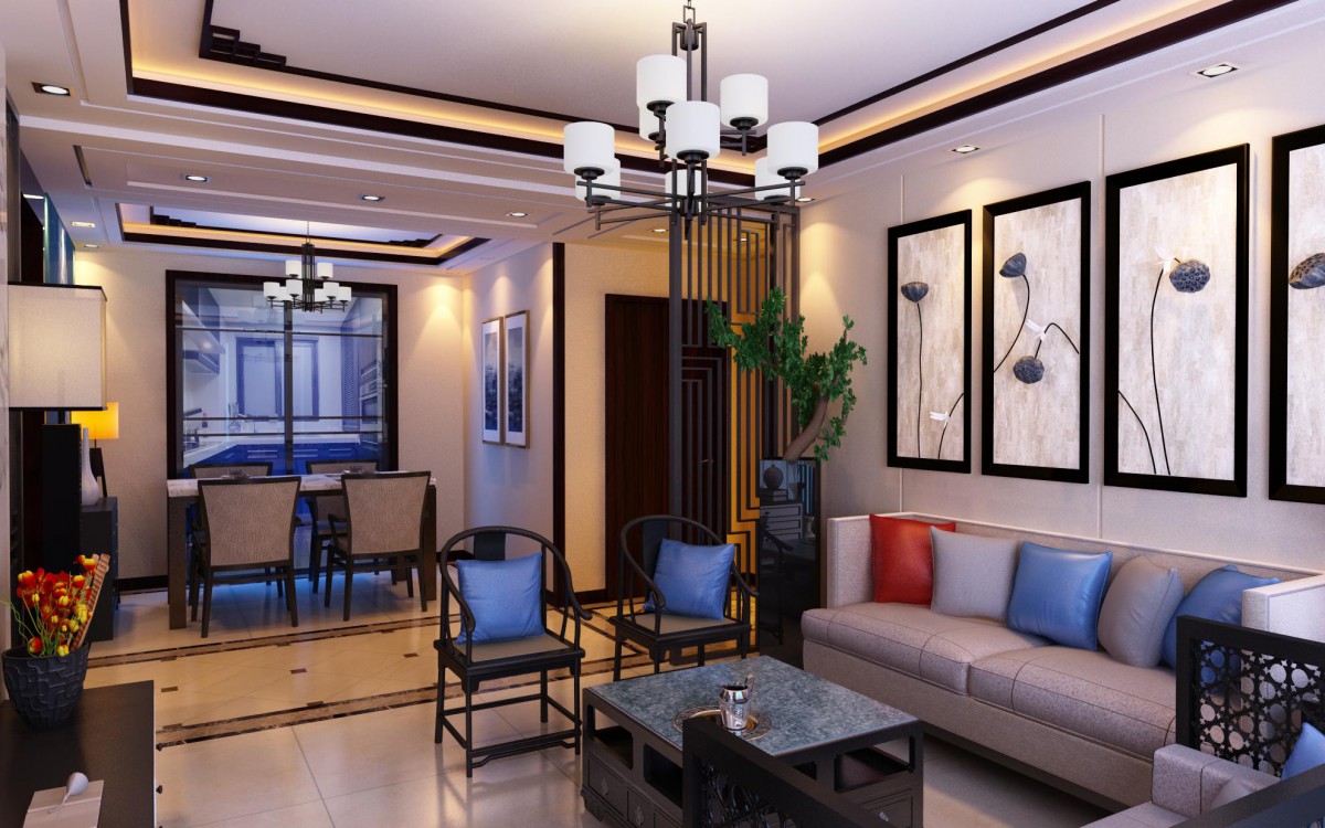 客厅作为待客区域，还是生活空间的中心。可以端庄高雅但不能太过于沉重和严肃。我选择了低调的大理石及白色的石膏板做主调、蓝色的靠垫活跃了整个空间的氛围。			
