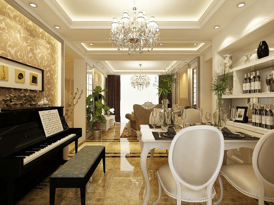 餐厅顶面造型层次感更强，深色钢琴使空间增加一定的点缀感			
