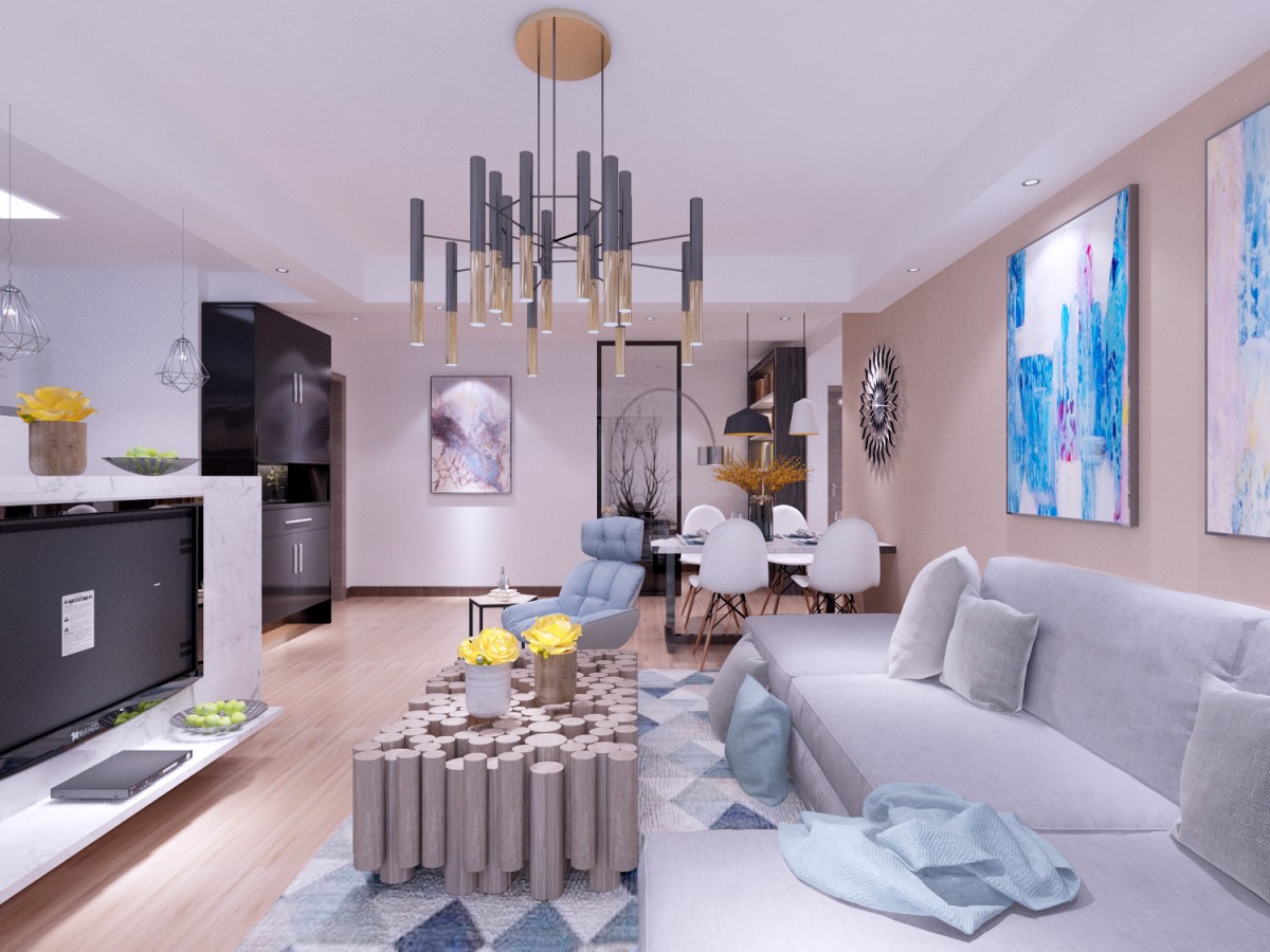 客厅作为待客区域，简单大气、中间大理石提升空间档次、镜面装饰增加空间延展性、墙面以暖色调来处理，让整个空间更加舒适。			
