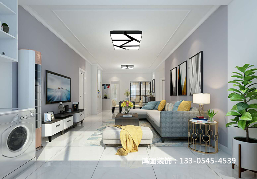 烟台装修—逸城山色111平米现代简约风格效果图 整体空间以灰色为主色调，搭配木色的家具以及墙板，原本有点偏冷的灰色增加一些木色顿时让整个空间多了一丝温暖，灰色系现在非常流行，而且很好搭配，整体给人一种深邃、宁静、高雅、神秘感觉。