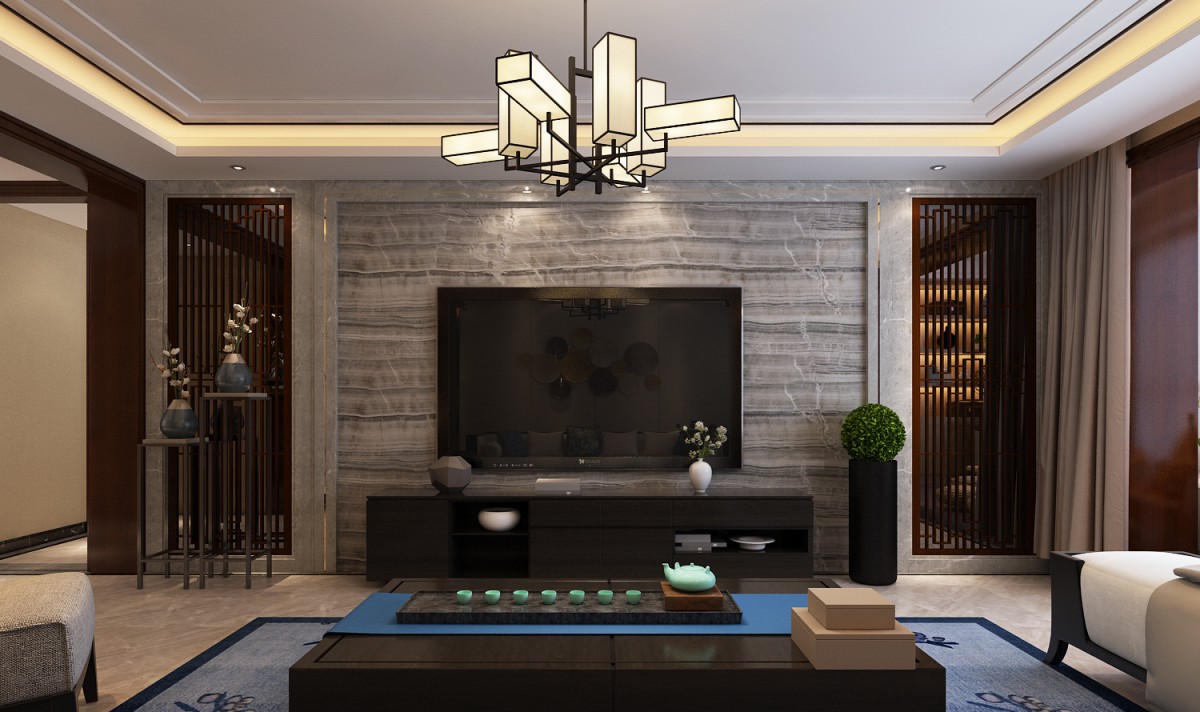 影视墙摆脱了常规中式的压抑，将大理石与屏风融合到一起，中西元素的交汇与碰撞，带来了丰富的层次感。