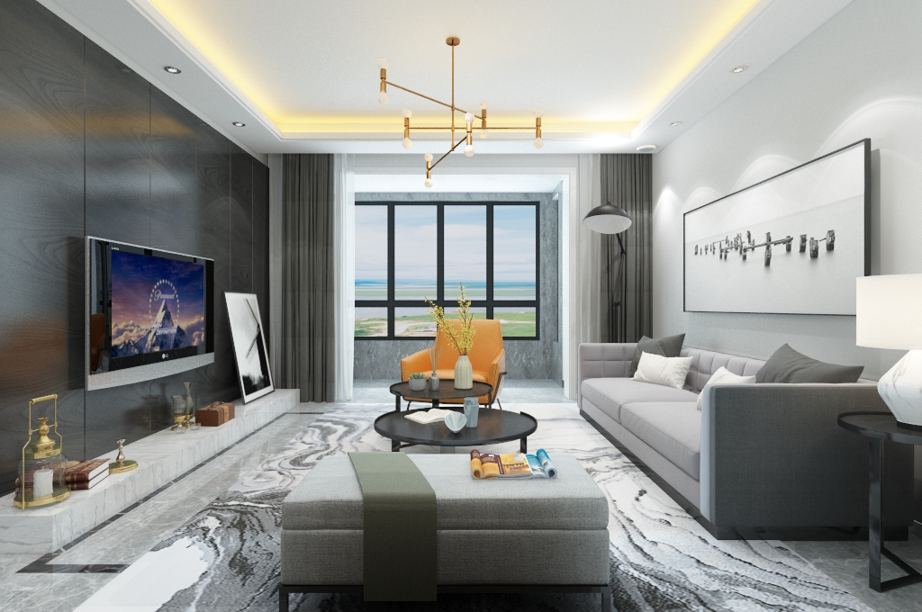 户型方正，采光、通风良好。以白色和灰色为主，搭配黑色背景墙，让整个空间更加丰富和层次感。地面采用白灰相间的地砖用一些彩色搭配呈现出简约的风格