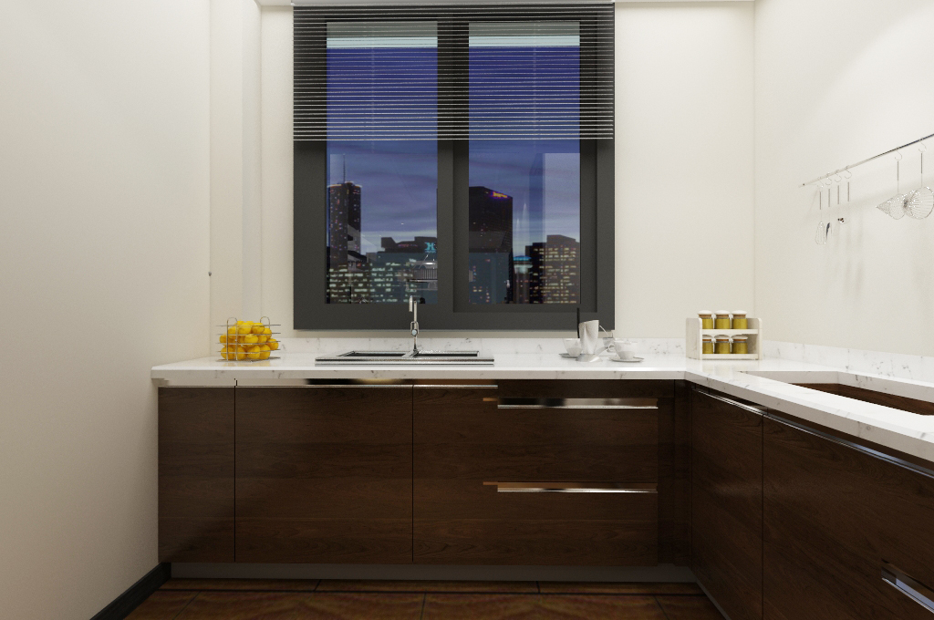 户型原因做的闭门式厨房，用人造石（石英石）来做一个台面把冰箱做成了嵌入式节省厨房的空间.以白色为主，橱柜的颜色用的实木色.让空间的层次感更加丰富也保证了简约的风格.两种颜色的搭配也保证了不让您会视觉疲劳