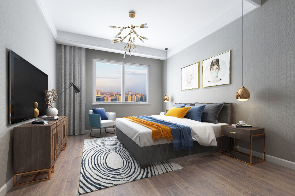 卧室以灰色为主，白色作为点缀用灰木色的地板让整齐大气床用一些彩色作为点缀保证房间的协调性