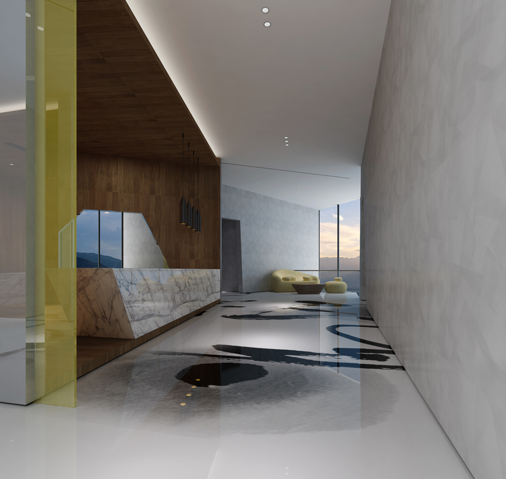 这是一个肩负双重功能的体验空间，即是温泉酒店建成前的一个体验馆，也要包括温泉地块内商业别墅的一个楼盘介绍。